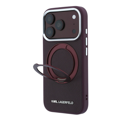 Apple iPhone 18 Pro Kılıf Karl Lagerfeld Orjinal Lisanslı M-Safe Şarj Özellikli Metal Logolu PU Saffiano 360 Derece Dönebilen Standlı Kapak Bordo