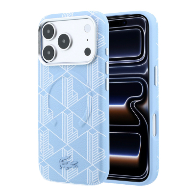 Apple iPhone 18 Pro Kılıf Lacoste Orjinal Lisanslı M-safe Şarj Özellikli Metal Logolu Deri Karışık Monogram Desenli Kapak Açık Mavi