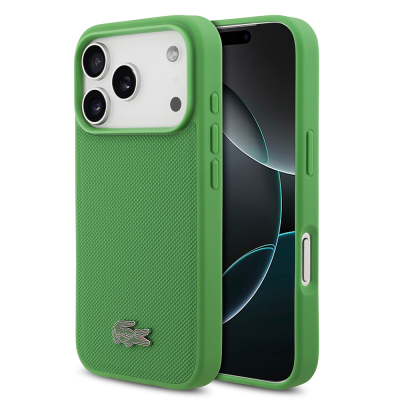 Apple iPhone 18 Pro Kılıf Lacoste Orjinal Lisanslı M-safe Şarj Özellikli PU Pike Desenli Metal Logolu Kapak Yeşil