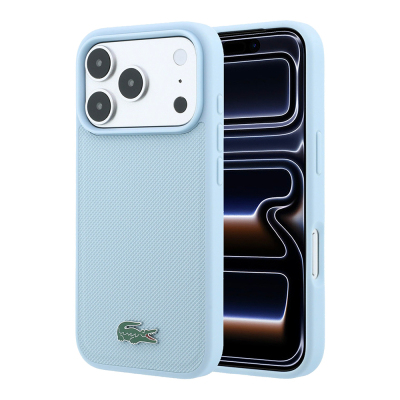 Apple iPhone 18 Pro Kılıf Lacoste Orjinal Lisanslı M-safe Şarj Özellikli PU Pike Desenli Metal Logolu Kapak Açık Mavi