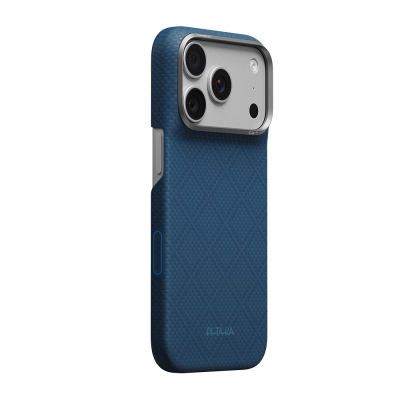 Apple iPhone 18 Pro Kılıf M-safe Şarj Özellikli Aramid Karbon Fiber Pitaka Argyle Serisi Kapak Lacivert