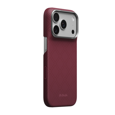 Apple iPhone 18 Pro Kılıf M-safe Şarj Özellikli Aramid Karbon Fiber Pitaka Argyle Serisi Kapak Bordo