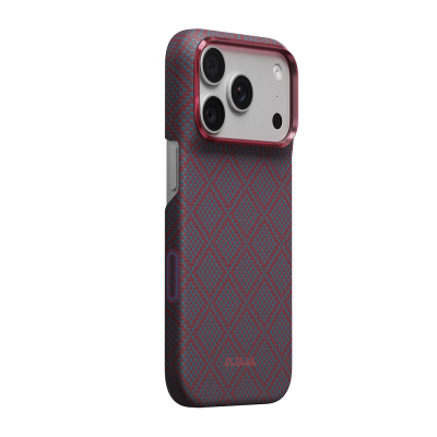 Apple iPhone 18 Pro Kılıf M-safe Şarj Özellikli Aramid Karbon Fiber Pitaka Argyle Serisi Kapak Mavi-Kırmızı
