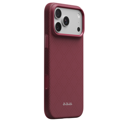 Apple iPhone 18 Pro Kılıf M-safe Şarj Özellikli Aramid Karbon Fiber Pitaka Argyle Serisi Summa Kapak Bordo