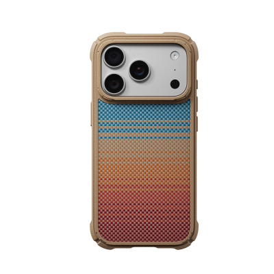 Apple iPhone 18 Pro Kılıf M-safe Şarj Özellikli Aramid Karbon Fiber Pitaka Sunset 2.0 California Dream Serisi Cairn Kapak Mavi-Kahverengi