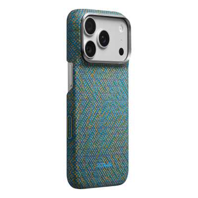 Apple iPhone 18 Pro Kılıf M-safe Şarj Özellikli Aramid Karbon Fiber Pitaka Wind Over Wheat Serisi Kapak Mavi