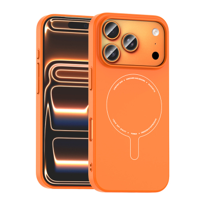 Apple iPhone 18 Pro Kılıf M-Safe Şarj Özellikli Kamera Korumalı Zore Elio Sert PC Kapak Turuncu