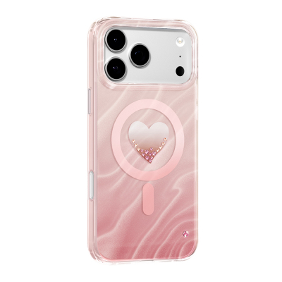 Apple iPhone 18 Pro Kılıf M-Safe Şarj Özellikli Orjinal Swarovski Taşlı Zore Paris Rovix Sert PC Kapak Pembe