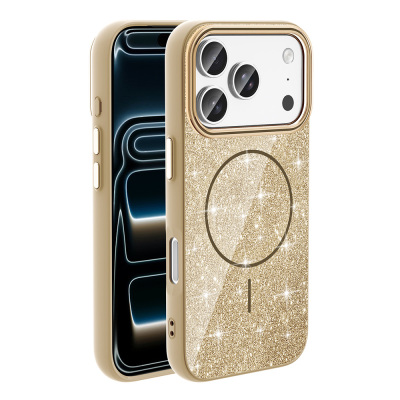 Apple iPhone 18 Pro Kılıf M-safe Şarj Özellikli Parlayan Simli Zore Okso Kapak Gold