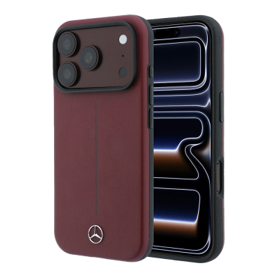 Apple iPhone 18 Pro Kılıf Mercedes Benz Orjinal Lisanslı M-safe Şarj Özellikli Metal Yıldız Logolu Çizgili Deri Kapak Bordo