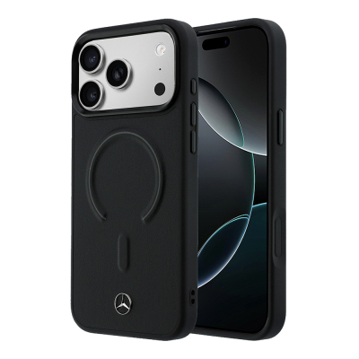 Apple iPhone 18 Pro Kılıf Mercedes Benz Orjinal Lisanslı M-safe Şarj Özellikli Metal Yıldız Logolu Kabartmalı Deri Kapak Siyah