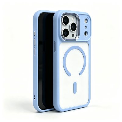 Apple iPhone 18 Pro Kılıf Wireless Şarj Özellikli Zore Krom M-safe Silikon Kapak Açık Mavi