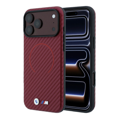 Apple iPhone 18 Pro Max Case BMW Original Licensed M-safe Charging Enabled PU Metal Logo Red Ring Design Cover Bordo