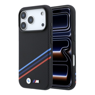 Apple iPhone 18 Pro Max Case BMW Original Licensed M-safe Charging Enabled Three-Strip Metal M Logo Carbon Fiber Kevlar Cover Black