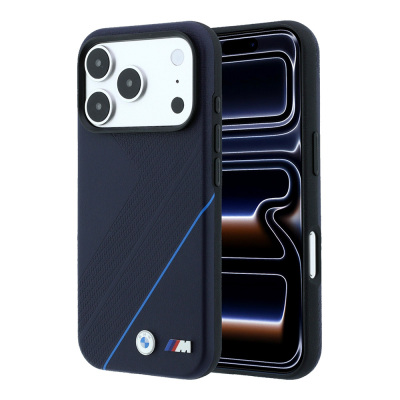 Apple iPhone 18 Pro Max Case – Genuine Licensed BMW M-Safe (MagSafe Compatible) – Blue-Striped Cover with M Logo and Tire-Track Pattern Navy blue