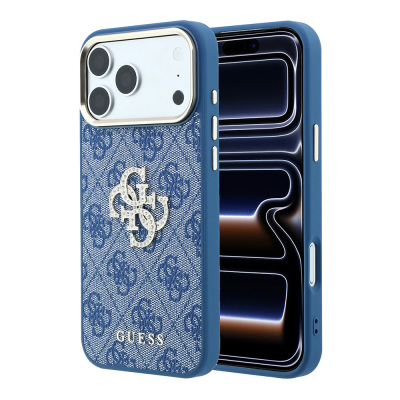 Apple iPhone 18 Pro Max Case Guess Original Licensed 4G Large Rhinestone Resin Logo PU Cover Blue