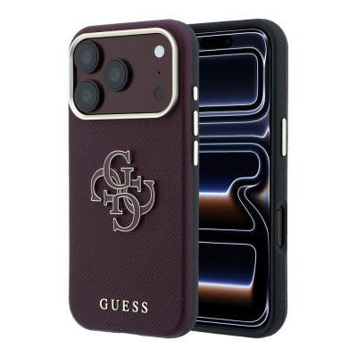 Apple iPhone 18 Pro Max Case Guess Original Licensed M-safe Charging Enabled PU Text and 4G Large Metal Logo Cover Bordo