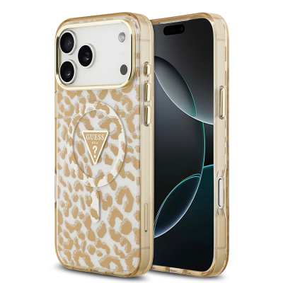Apple iPhone 18 Pro Max Case Guess Original Licensed M-safe Charging Enabled Triangle Logo Glitter Leopard Pattern Cover Brown