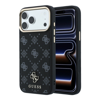 Apple iPhone 18 Pro Max Case Guess Original Licensed M-safe Charging Feature Classic Text and 4G Logo PU Leather Peony Cover Black