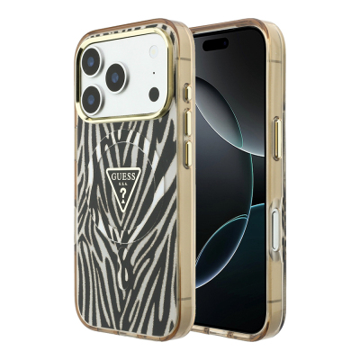 Apple iPhone 18 Pro Max Case Guess Original Licensed M-safe Charging Feature Zebra Pattern Triangle Logo Silicone Cover Gold