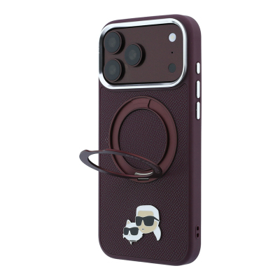 Apple iPhone 18 Pro Max Case Karl Lagerfeld Original Licensed M-Safe Charging Enabled K&C Metal Logo PU Cover 360 Degree Rotating Stand Bordo