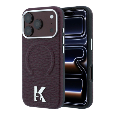 Apple iPhone 18 Pro Max Case Karl Lagerfeld Original Licensed M-safe Charging Enabled KHEAD Metal Logo PU Grained Leather Cover Bordo