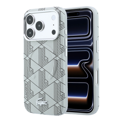 Apple iPhone 18 Pro Max Case Lacoste Original Licensed M-safe Charging Enabled Metal Logo Leather Cover Mixed Monogram Pattern Açık Gri