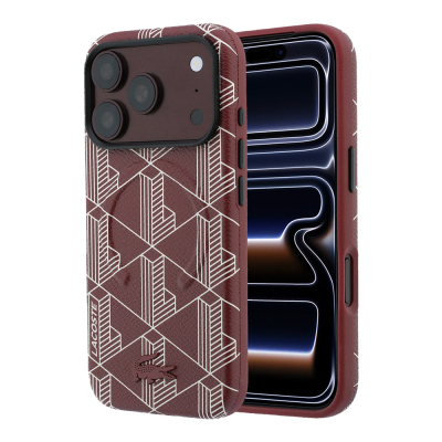 Apple iPhone 18 Pro Max Case Lacoste Original Licensed M-safe Charging Enabled Metal Logo Leather Cover Mixed Monogram Pattern Bordo