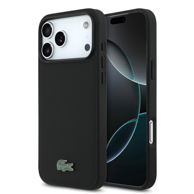 Apple iPhone 18 Pro Max Case, Lacoste Original Licensed, M-safe Charging Enabled, PU Piqué Patterned Cover with Metal Logo. Black