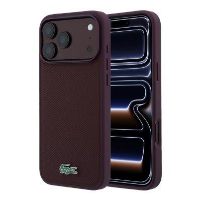 Apple iPhone 18 Pro Max Case, Lacoste Original Licensed, M-safe Charging Enabled, PU Piqué Patterned Cover with Metal Logo. Bordo