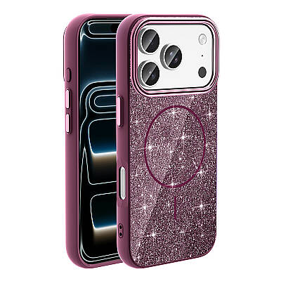 Apple iPhone 18 Pro Max Case M-safe Charging Enabled Glowing Glitter Zore Oxo Cover Bordo