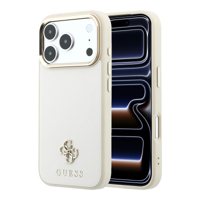 Apple iPhone 18 Pro Max Case M-safe Charging Feature Guess Original Licensed Classic Text and 4G Logo PU Leather Saffiano Cover Bej