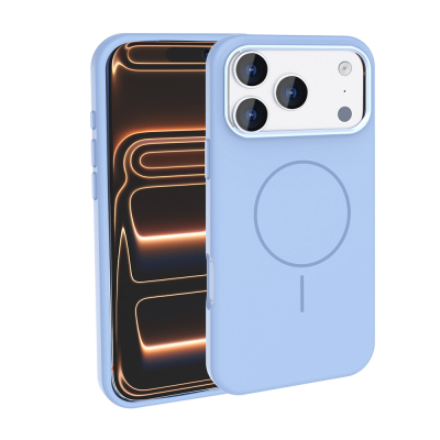 Apple iPhone 18 Pro Max Case with M-Safe Charging Feature, Metal Camera Frame, Zore Edi Silicone Cover Açık Mavi