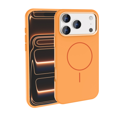 Apple iPhone 18 Pro Max Case with M-Safe Charging Feature, Metal Camera Frame, Zore Edi Silicone Cover Orange