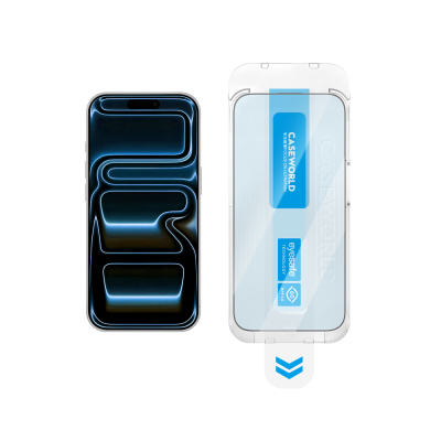 Apple iPhone 18 Pro Max CaseWorld Applicator Serisi 2.5D Eyesafe Mavi Işık Teknolojili Safir 0.33mm Temperli Cam Ekran Koruyucu + Uygulama Aparatı Şeffaf