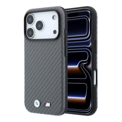 Apple iPhone 18 Pro Max Kılıf BMW Orjinal Lisanslı M-safe Şarj Özellikli Karbon Fiber Tasarımlı ve Metal Logolu PU Deri Kapak Gri