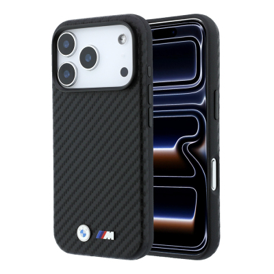 Apple iPhone 18 Pro Max Kılıf BMW Orjinal Lisanslı M-safe Şarj Özellikli Karbon Fiber Tasarımlı ve Metal Logolu PU Deri Kapak Siyah
