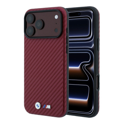 Apple iPhone 18 Pro Max Kılıf BMW Orjinal Lisanslı M-safe Şarj Özellikli Karbon Fiber Tasarımlı ve Metal Logolu PU Deri Kapak Bordo