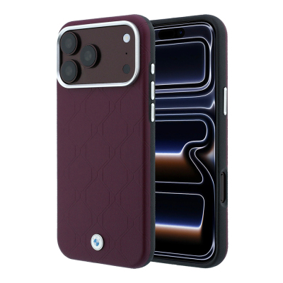 Apple iPhone 18 Pro Max Kılıf BMW Orjinal Lisanslı M-safe Şarj Özellikli Metal Logolu Kabartmalı Kapitone Deri Kapak Bordo