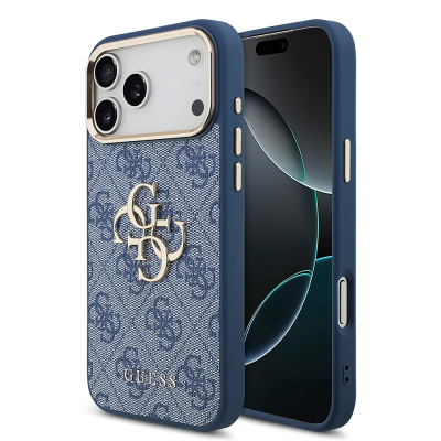 Apple iPhone 18 Pro Max Kılıf Guess Orjinal Lisanslı Gold Metal Kamera Çerçeveli 4G Desenli Metal Büyük 4G ve Yazı Logolu Kapak Mavi