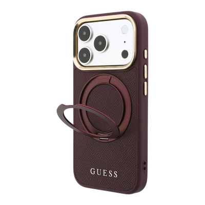 Apple iPhone 18 Pro Max Kılıf Guess Orjinal Lisanslı M-safe Şarj Özellikli 360 Derece Dönebilen Standlı PU Metal Yazı Logolu Kapak Bordo