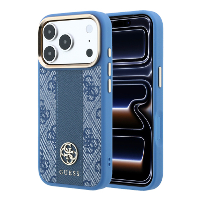 Apple iPhone 18 Pro Max Kılıf Guess Orjinal Lisanslı M-safe Şarj Özellikli Deri 4G Desenli Şeritli Yazı Logolu Kapak Mavi