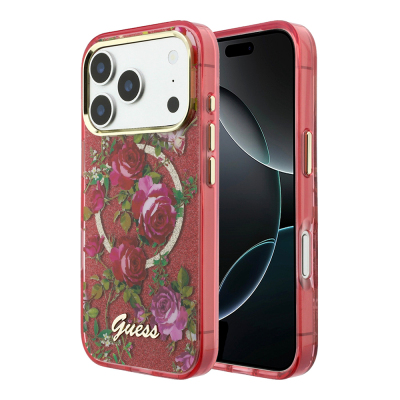 Apple iPhone 18 Pro Max Kılıf Guess Orjinal Lisanslı M-safe Şarj Özellikli Gül Desenli Simli Yazı Logolu Kapak Bordo