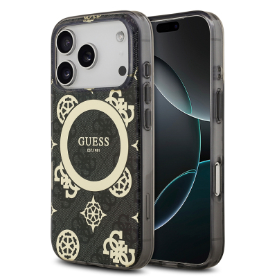 Apple iPhone 18 Pro Max Kılıf Guess Orjinal Lisanslı M-safe Şarj Özellikli IML Peony ve 4G Desenli Klasik Logolu Kapak Siyah