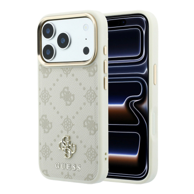 Apple iPhone 18 Pro Max Kılıf Guess Orjinal Lisanslı M-safe Şarj Özellikli Klasik Yazı ve 4G Logolu PU Deri Peony Kapak Bej