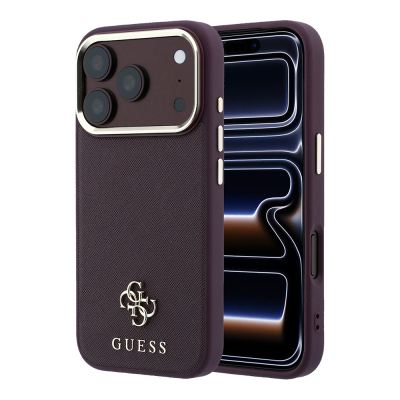 Apple iPhone 18 Pro Max Kılıf Guess Orjinal Lisanslı M-safe Şarj Özellikli Klasik Yazı ve 4G Logolu PU Deri Saffiano Kapak Bordo
