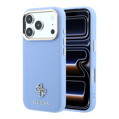 Apple iPhone 18 Pro Max Kılıf Guess Orjinal Lisanslı M-safe Şarj Özellikli Klasik Yazı ve 4G Logolu PU Deri Saffiano Kapak Açık Mavi