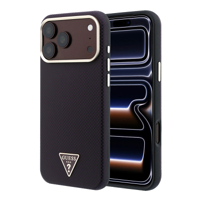 Apple iPhone 18 Pro Max Kılıf Guess Orjinal Lisanslı M-safe Şarj Özellikli PU Metal Üçgen Logolu Karbon Fiber Kevlar Kapak Bordo