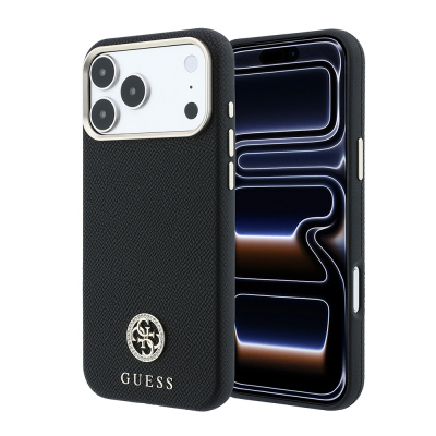Apple iPhone 18 Pro Max Kılıf Guess Orjinal Lisanslı M-safe Şarj Özellikli PU Taşlı Metal 4G ve Yazı Logolu Kapak Siyah