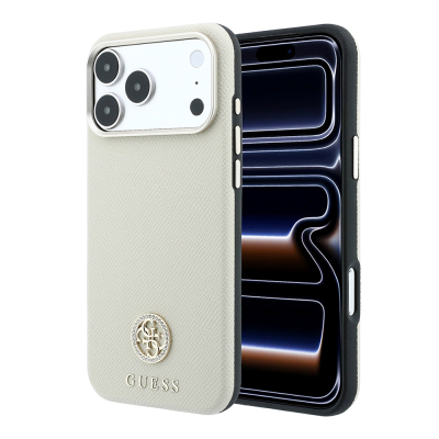 Apple iPhone 18 Pro Max Kılıf Guess Orjinal Lisanslı M-safe Şarj Özellikli PU Taşlı Metal 4G ve Yazı Logolu Kapak Bej